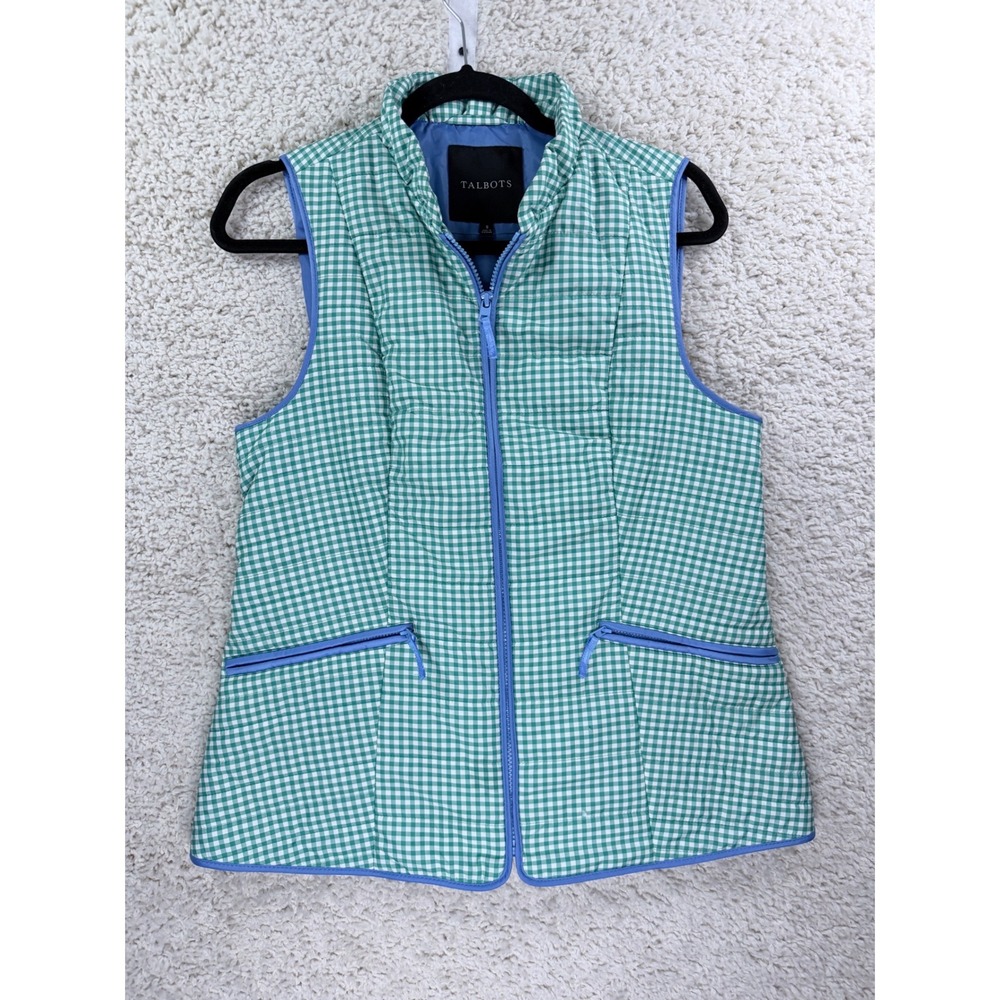 Talbots Quilted Puffer Vest Womens Small Green Gingham Full Zip Classic